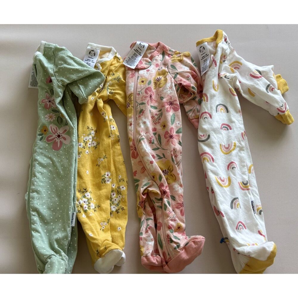 Gerber Baby Girls Newborn Sleepers Lot of 4 Floral Rainbow Footed Pajamas NB